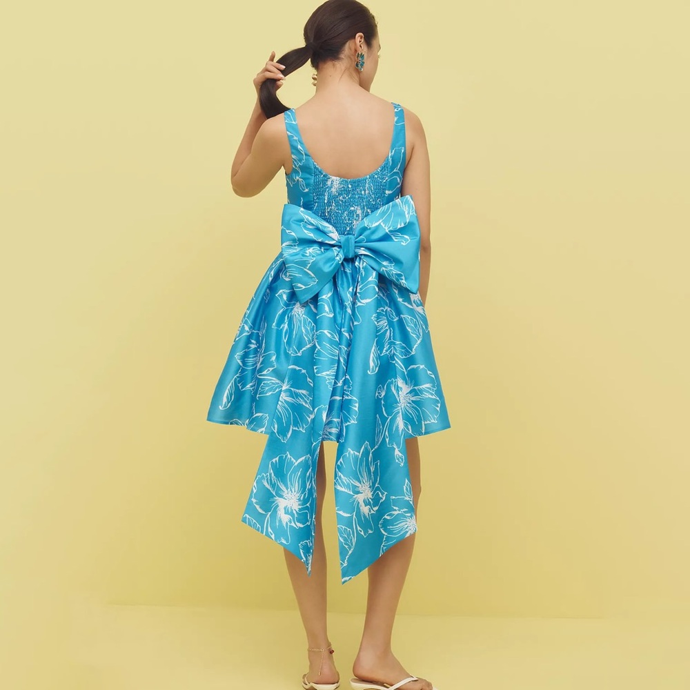 NWT Anthropologie Hutch Bow Tie Mini Dress Blue White Floral M Medium